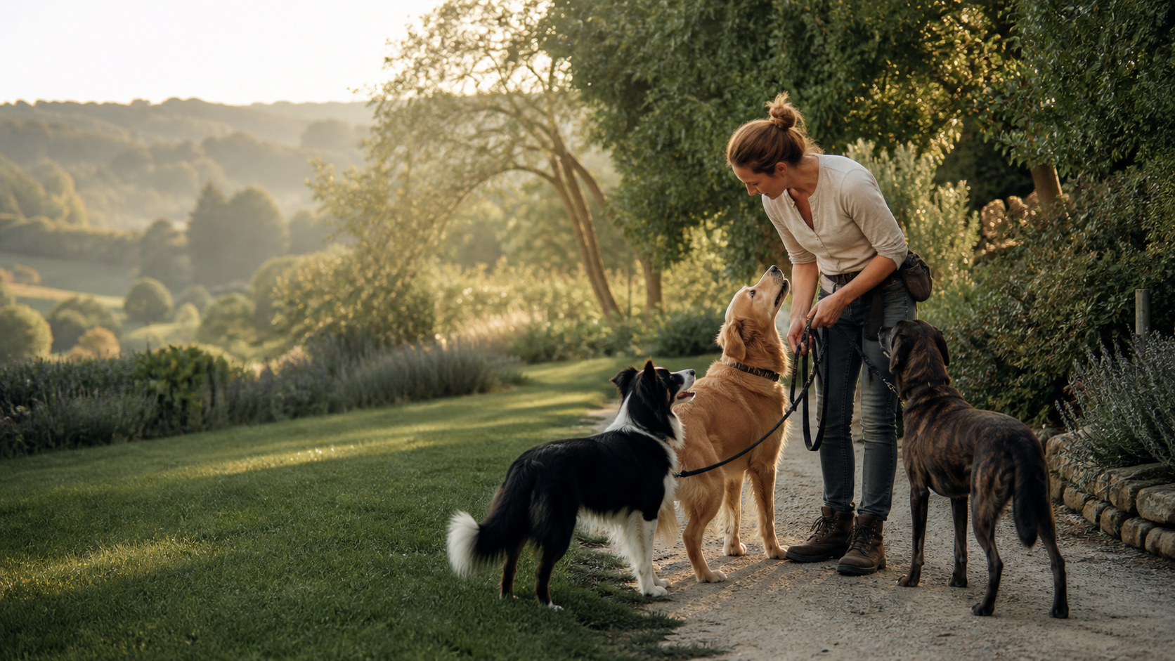 Trois chiens accompagnés par une professionnelle dans un jardin naturel
