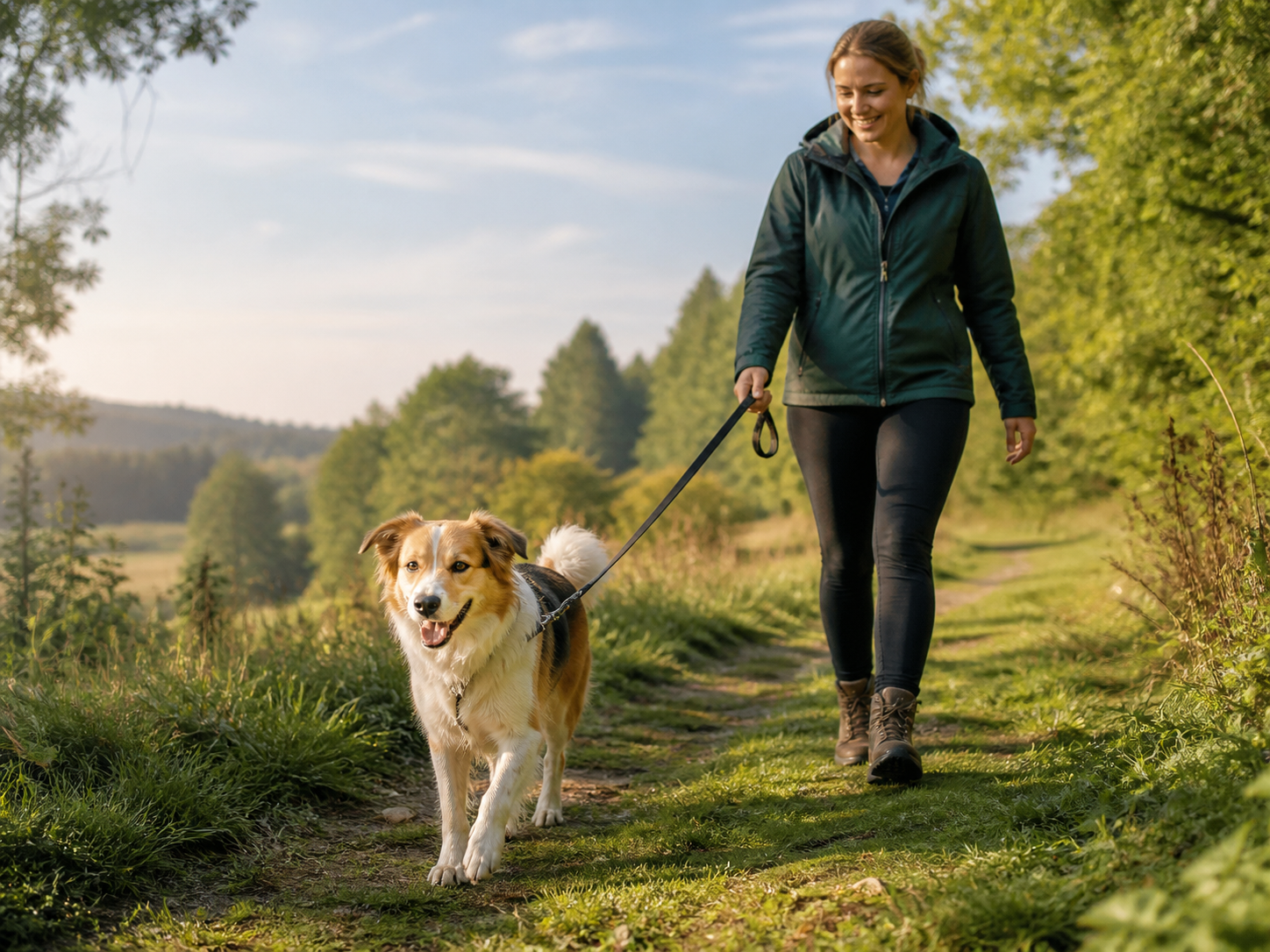 Chien accompagné en balade dans un environnement naturel