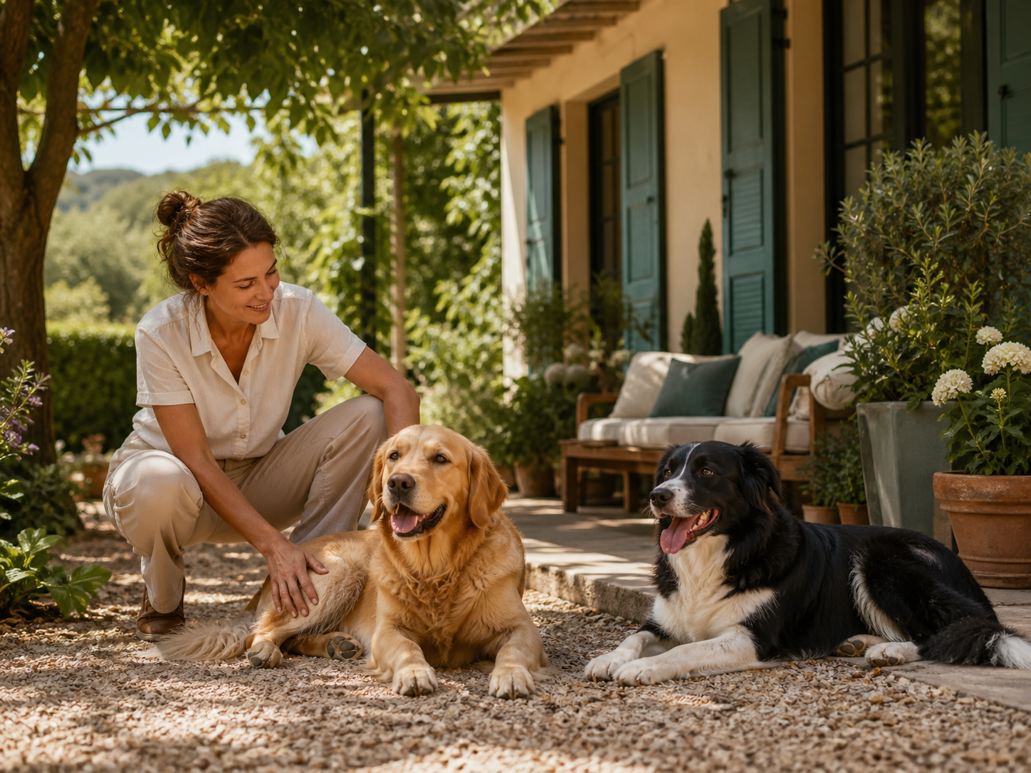 Chiens détendus dans une pension chaleureuse et sécurisée